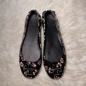 Tory Burch Black and Pink Floral Flats